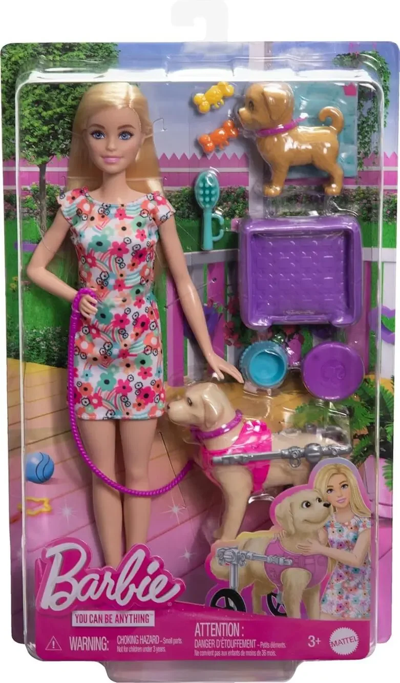 Barbie Doll with 2 Toy Dogs & Accessories Pup Removable Wheelchair NWT